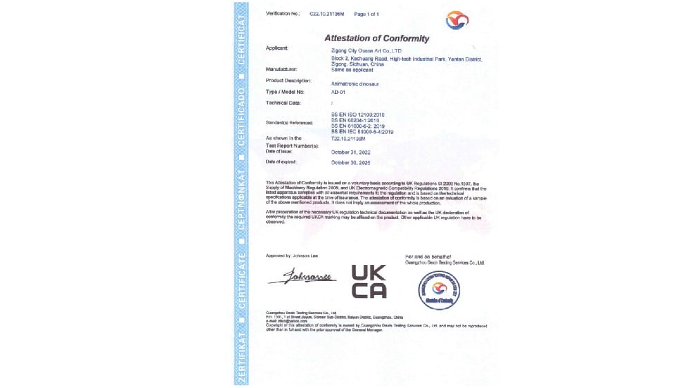 Animatronic Dinosaur UKCA证书